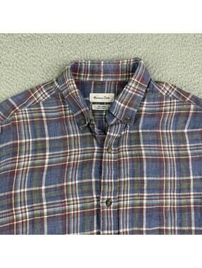 Massimo Dutti 100% Linen Long Sleeve Button Up Blue Red Plaid Shirt Mens Size M